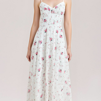 Rose print lace tube top back tie waist suspender dress