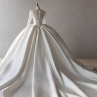 Ivory off-the-shoulder satin wedding dress, A-line gown with lace bodice and long sleeves, trailing bridal shape, minimalist bridal gown - Thumbnail 1