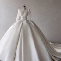 Ivory off-the-shoulder satin wedding dress, A-line gown with lace bodice and long sleeves, trailing bridal shape, minimalist bridal gown - Thumbnail 11