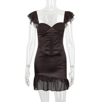 Satin Chiffon Spliced ​​Suspender Dress Square Neck One Shoulder Slim Short Skirt French Dress - Thumbnail 4