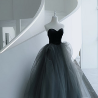 Elegant black velvet mini dress with grey tulle trim - perfect for birthdays, special occasions and evening parties - Thumbnail 5
