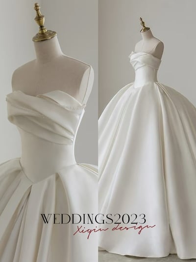 Ivory Off-Shoulder Satin Wedding Dress, A-Line Gown with Beading Sleeves, No Train Bridal Look, Minimalist Bride Dress