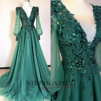 Green Evening Gown, Long Sleeve Formal Dress, Floral Embellished Prom Dress, Sparkly Bridesmaids Gown, Wedding Guest, Mother Of The Bride - Thumbnail 5