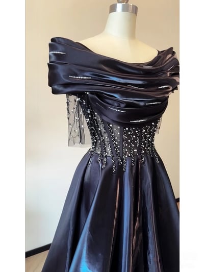 Dark Bule Prom Dress, A-line Prom Dress, Sequined Prom Dress with Off Shoulder Straps, Long Prom Dress with Short Sleeves, Evening Dress