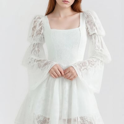 White lace flared long-sleeved square-neck dress with a slim waist and a-line skirt