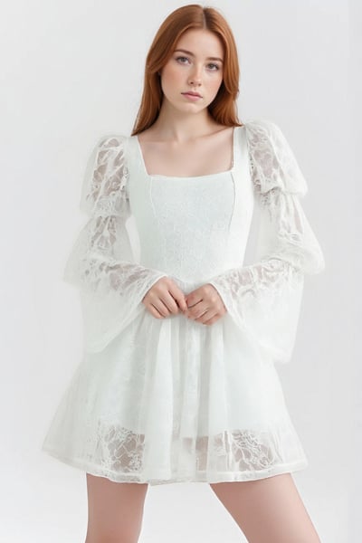 White lace flared long-sleeved square-neck dress with a slim waist and A-line skirt