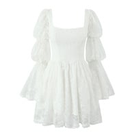 White lace flared long-sleeved square-neck dress with a slim waist and A-line skirt - Thumbnail 2