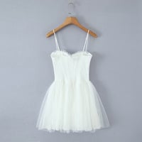Lace jacquard suspender wrap chest tie waist puffy dress - Thumbnail 1