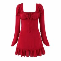 Niche design waist square neck tie long sleeve dress - Thumbnail 3