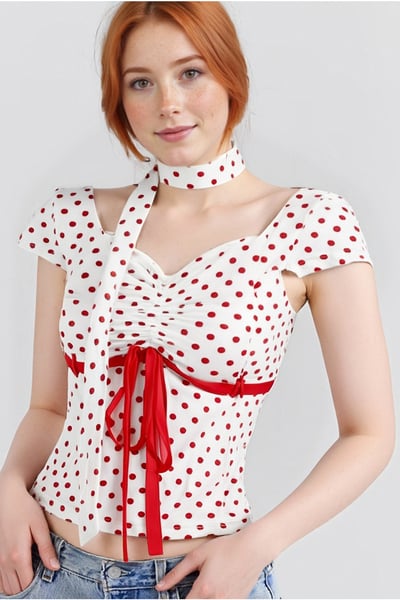 Fashionable, fresh and sweet polka dot lace-up bow girly style slim T-shirt