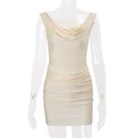 Sexy stacked collar slim fit pleated solid color temperament hip dress - Thumbnail 4