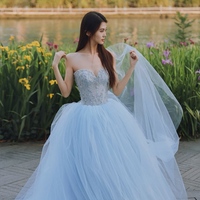 Blue Ball Gown Prom Dress, Strapless Beaded Corset Evening Gown, Tulle Quinceañera Dress, Luxury Gala Dress - Thumbnail 8