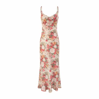 Retro printed suspender skirt for women summer temperament sweet lace-up dress