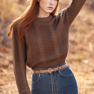 Retro gentle lazy cable round neck pullover sweater