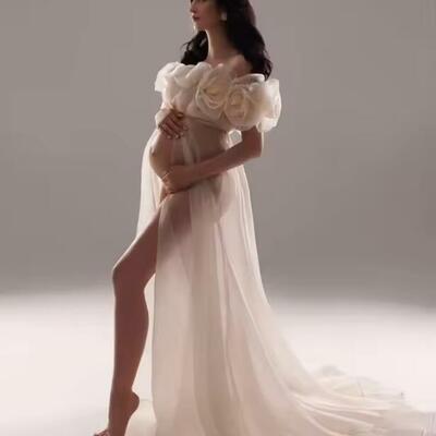 Handmade 3d flower pregnancy photoshoot dress gala organza sheer baby shower dress for pregnant woman wedding dresses - Thumbnail 1