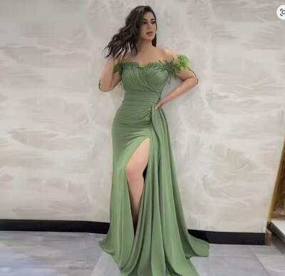 Grass Green Evening Dress for Wedding Party Chiffon Beaded Long Sleeves Pleats Elegant A-Line Arabic Prom Gowns 