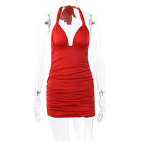 Deep V-neck halter neck tie back sexy pleated dress - Thumbnail 3