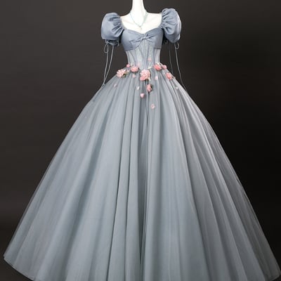 Gray tulle flowers long prom dress with corset, gray a-line formal dress