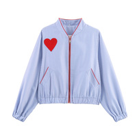 Fashionable Striped Heart Patch Zipper Pocket Jacket - Thumbnail 2