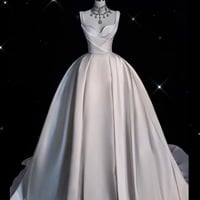 Custom Made Minimalist  A-Line Wedding Dress with Straps, Satin Bridal Gown, Elegant Modern Bride - Thumbnail 6