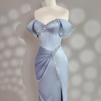 Fairy Light Blue Beaded Satin Ball Gown, Light Blue Strapless Evening Dress, Prom Dress, Maxi Satin Dress, Wedding Party Dress, Sky Blye Gown - Thumbnail 3