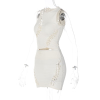 Solid Color Hollow Round Neck Sleeveless Top Slim Skirt - Thumbnail 4