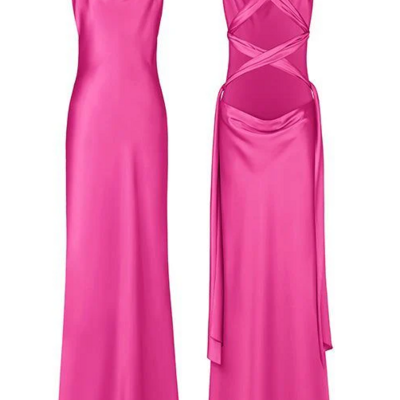 Simple hot pink chiffon long prom dress evening dress