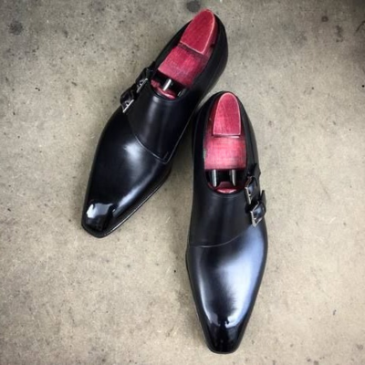 Handmade men black calf leather dress shoes