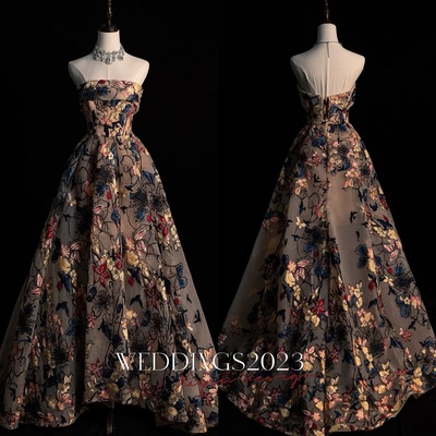 Custom Floral Embroidery Long Prom Dress, Tulle A-line Evening Gown, Strapless Party Dress