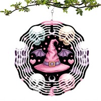 Pink Witch Hat Skulls & Bats Spinning Halloween Metal Ornament 10x10 | Free Shi - Thumbnail 2