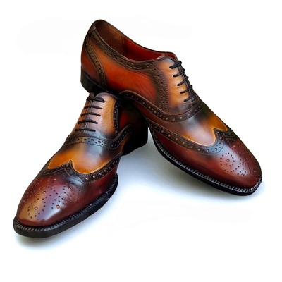 Crafted Leather Classic Brown Tan Patina Leather Wingtip Oxford Dress Shoes