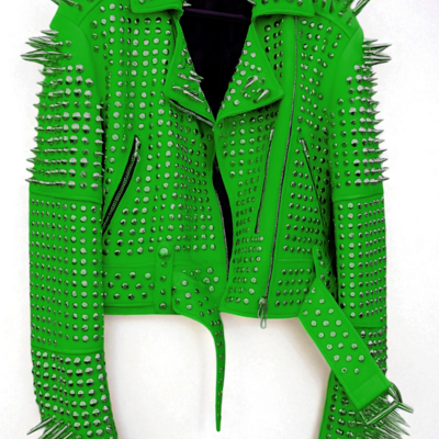 Crafted leather new classic awesome handmade women's green color studded brando metal spiked leather round studs jacket