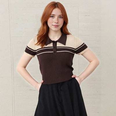 Ribbed knit polo neck short sleeve top