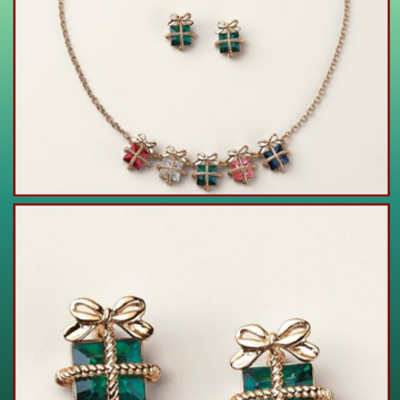 Holiday gift box charm necklace and earring set