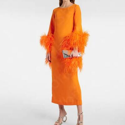 Modern orange feather dress mother dress mid calf length mother of the bride gown long sleeve wedding party dress back slit