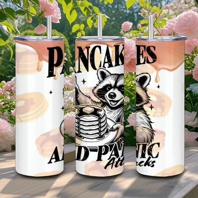 Pancakes & panic attacks tumbler - funny raccoon coffee cup with mental health humor