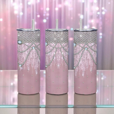 Pink Glam Rhinestone Tumbler | Cascading Crystal Pearls & Sparkles Travel Cup with Metal Straw | Free Ship 