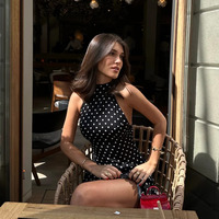 Polka Dot Elegant Off Shoulder Sleeveless Backless High Waist Halter Mini Dress  - Thumbnail 3