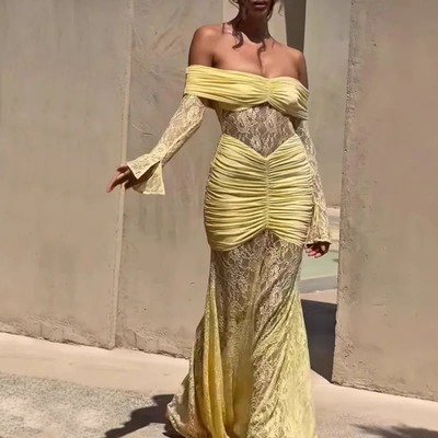  Vintage Elegant Off Shoulder Slim Fit Hollow Out Maxi Dress 