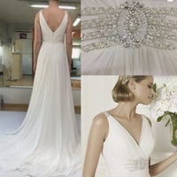V Neck Wedding Dresses Bridal Gown Waist with Beading - Thumbnail 1