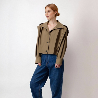 Khaki lapel elegant simple single-breasted coat jacket - Thumbnail 1