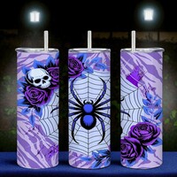Gothic Purple Spider Web & Skull Rose Garden 20oz Stainless Tumbler | Free Ship - Thumbnail 2