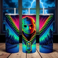 Friday the 13th Movie | Neon Cyber-Horror Jason Tumbler | 20oz Skinny Stainless Steel Travel Mug - Thumbnail 1