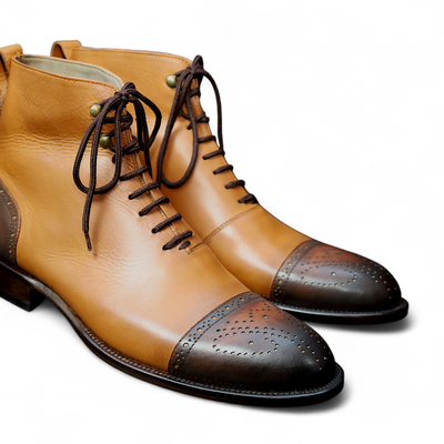 Crafted leather bespoke dress shoes tan dark brown leather ankle high lace up boot