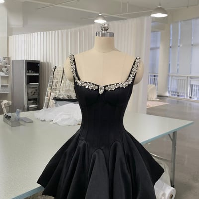 Black a-line short/mini prom party dress with rhinestones