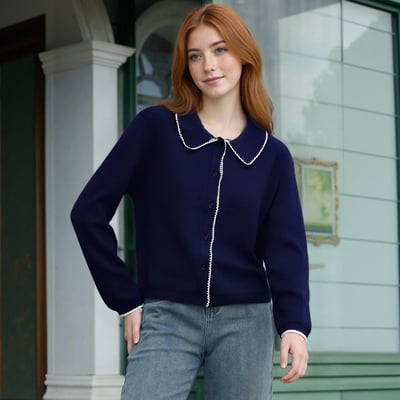 Contrast color buttoned round neck long sleeve sweater