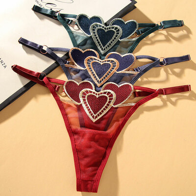 Sexy Love Heart Embroidery Mesh Sheer Naughty Briefs Women's Underwear Thong Seamless Panties T-Back Lingerie Underpants 