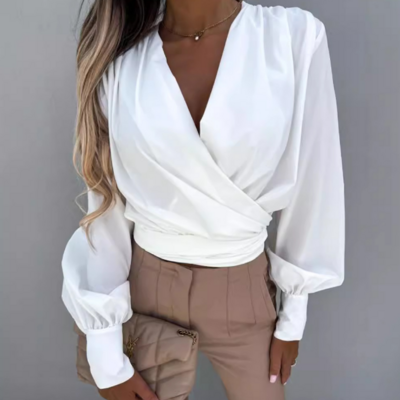 V-neck solid color long sleeved white top