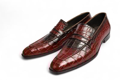 Crafted Leather Handmade Men Burgundy Black Crocodile Leather Moccasin Loafers Dress Shoes