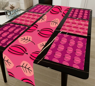 Pink Leaf Pattern 7-Piece Table Runner & Placemat Set - Halloween & Thanksgiving